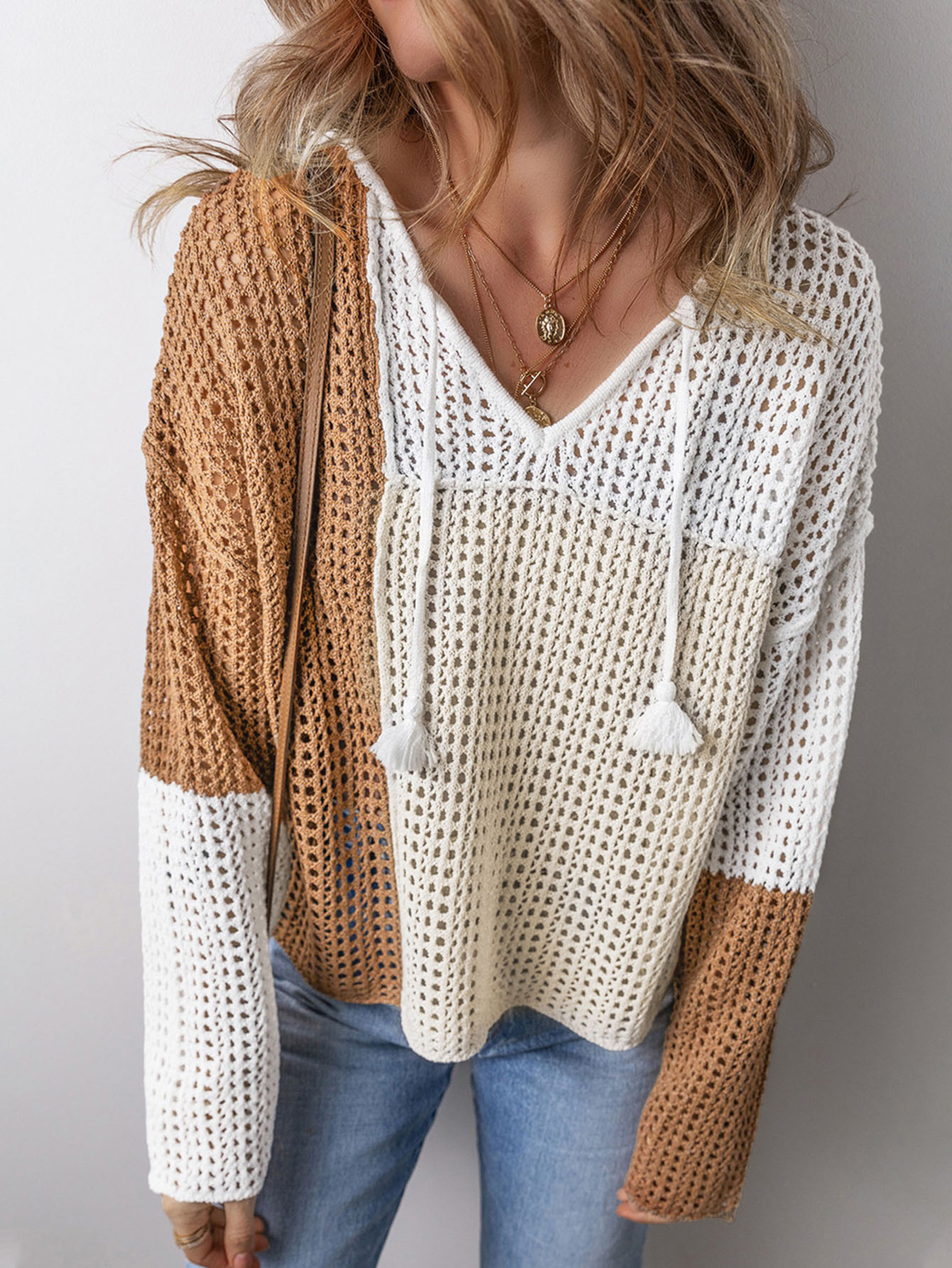 Colorblock Hollow V-Neck Sweater