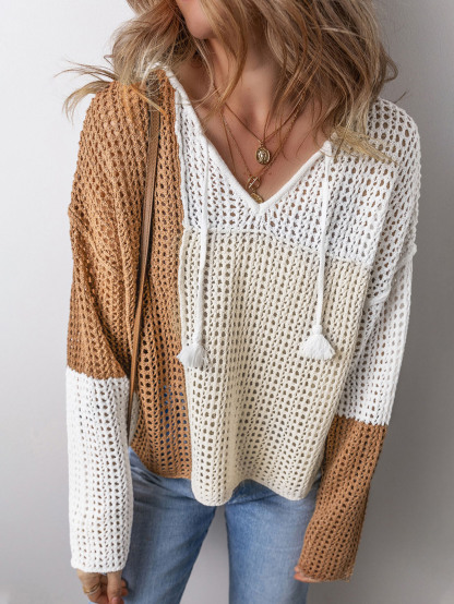 Colorblock Hollow V-Neck Sweater