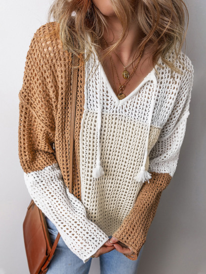 Colorblock Hollow V-Neck Sweater