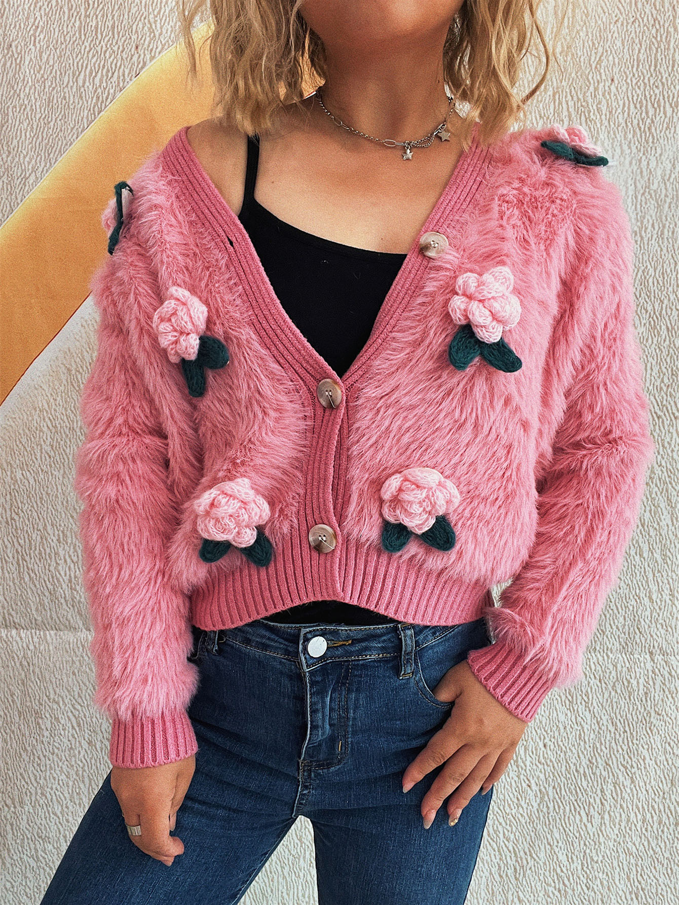 Plush 3D Flower Short Cardigan