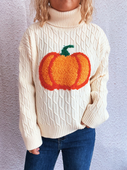 Halloween Pumpkin Towel Embroidery Turtleneck Cable Sweater