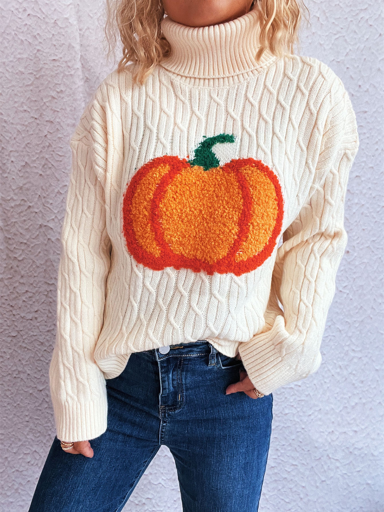 Halloween Pumpkin Towel Embroidery Turtleneck Cable Sweater