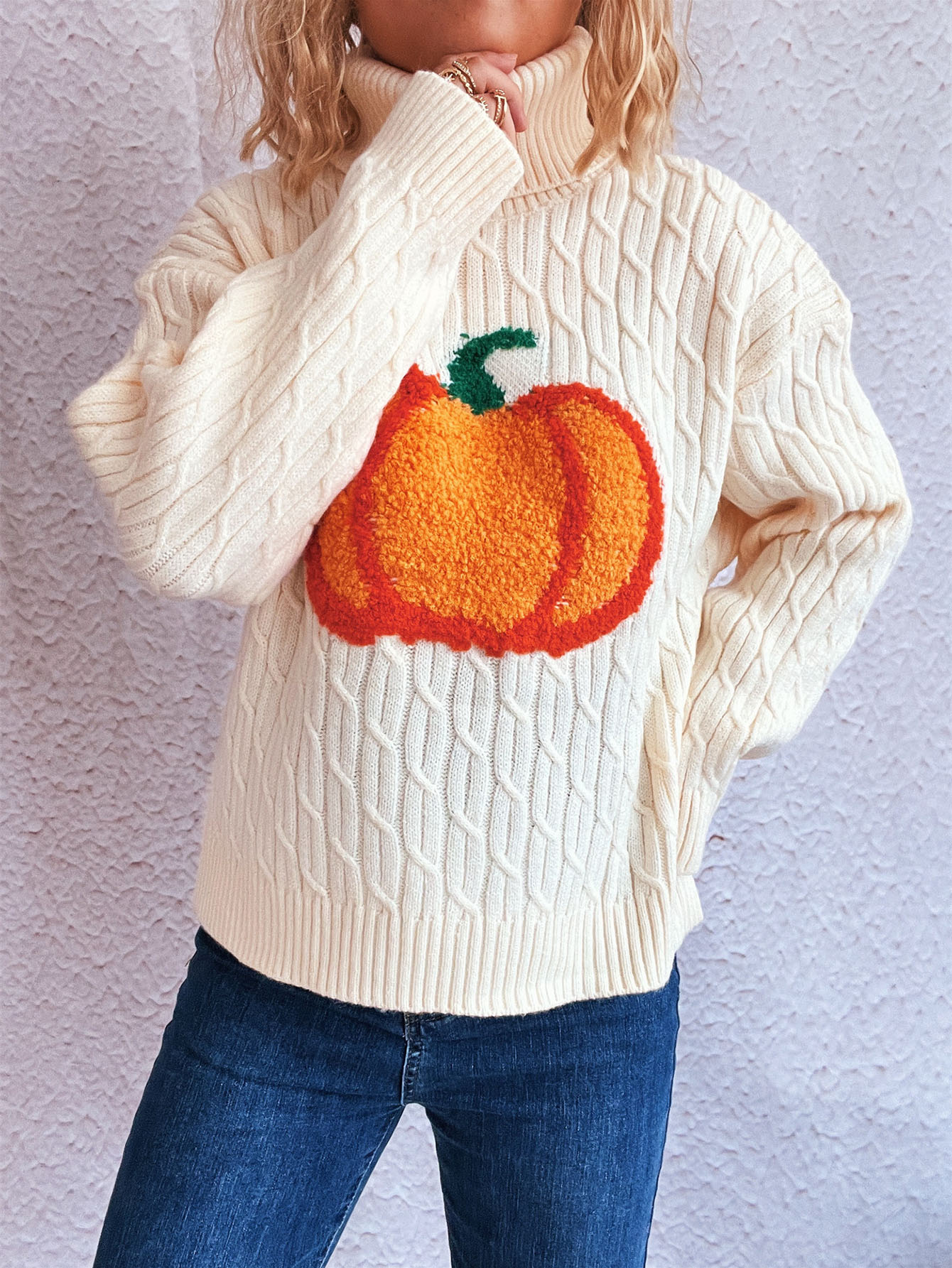 Halloween Pumpkin Towel Embroidery Turtleneck Cable Sweater