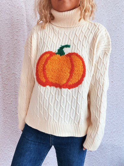 Halloween Pumpkin Towel Embroidery Turtleneck Cable Sweater