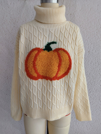 Halloween Pumpkin Towel Embroidery Turtleneck Cable Sweater