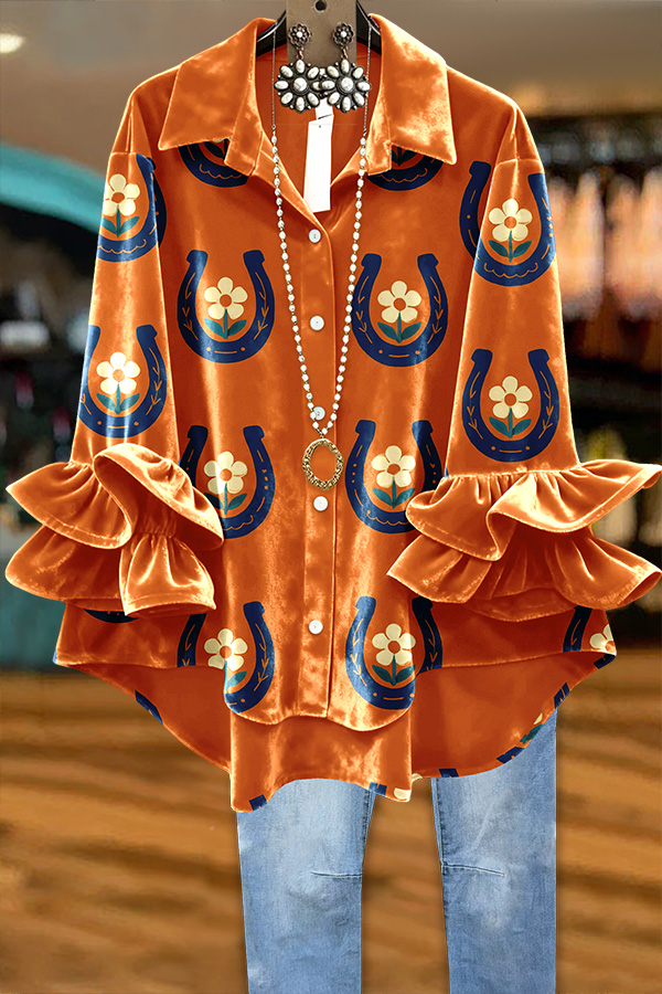 Velvet Floral Horseshoe Ruffle Top