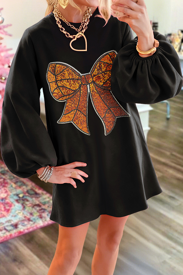 Bow Basketball Game Day Puff Sleeve Sweatshirt Dress