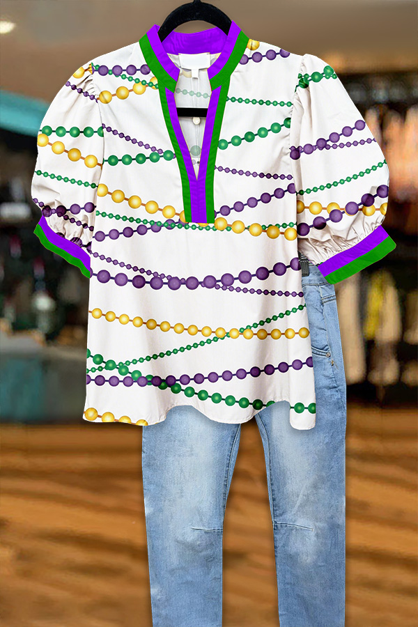 Mardi Gras Chain Puff Sleeve Blouse