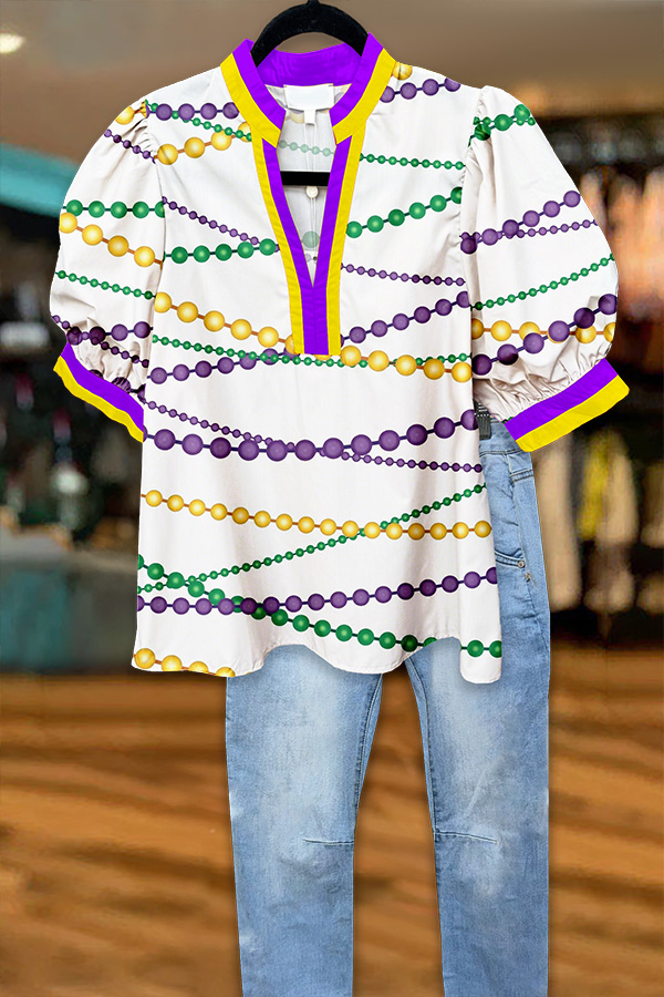 Mardi Gras Chain Puff Sleeve Blouse