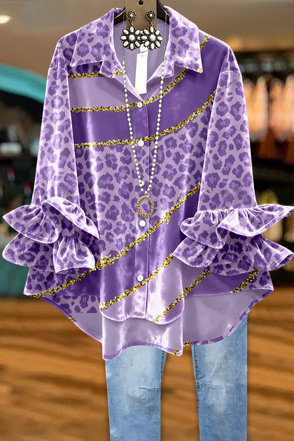 Mardi Gras Leopard Print Ruffled Velvet Top