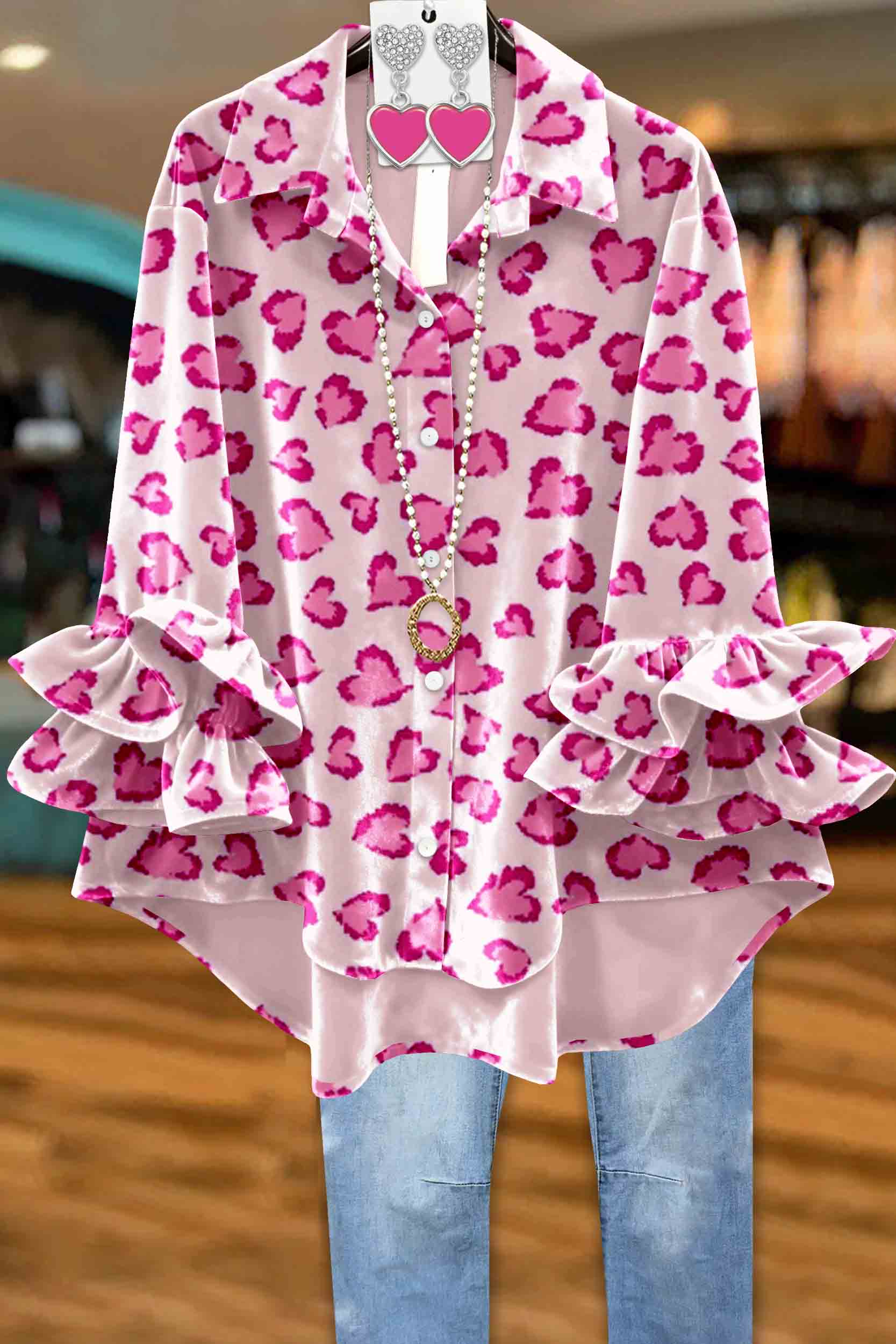 Valentine's Day Heart-Patterned Leopard Print Velvet Top