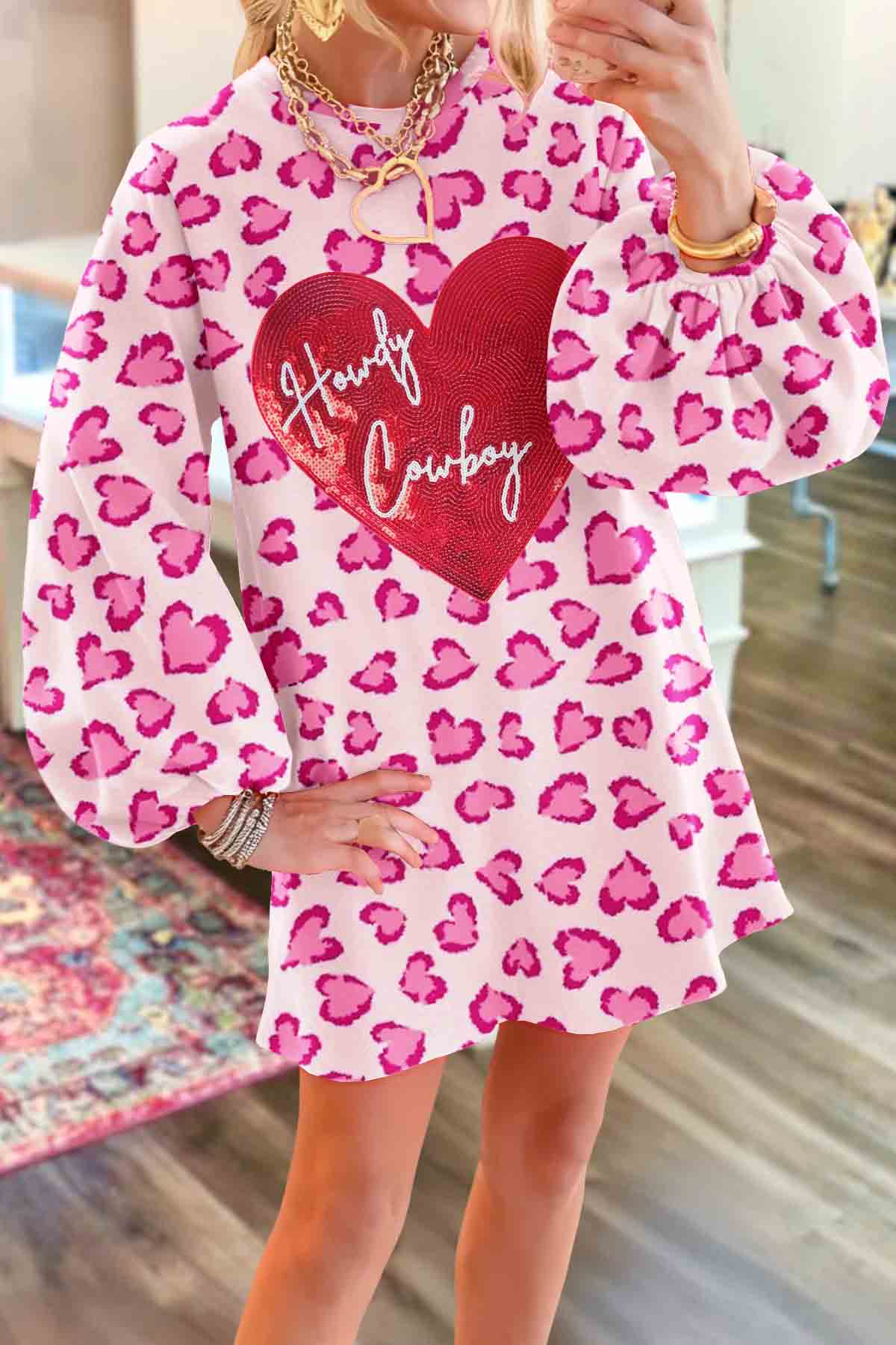Valentine's Day Heart Leopard Print Puff Sleeve Dress