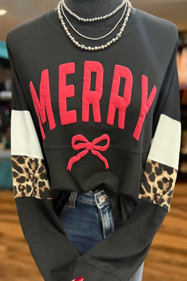 Merry Bow Leopard Print Sweatshirt