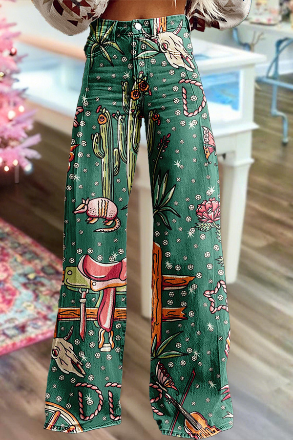 Western Cactus Bull Head Wide-Leg Pants