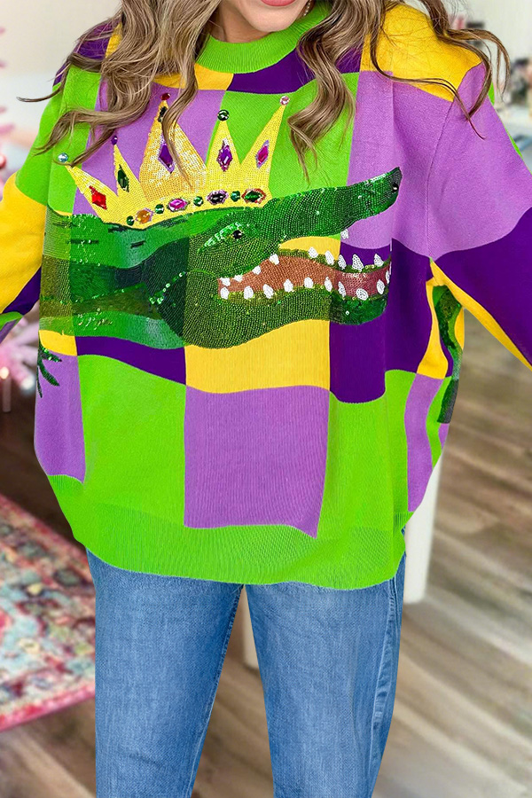 Mardi Gras Checkered Crocodile Sweater