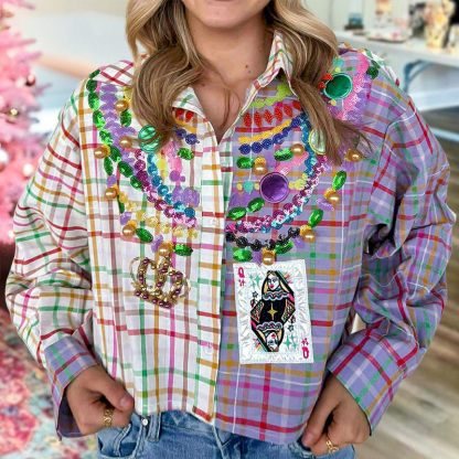 Mardi Gras Color-Blocked Plaid Beaded Shirt