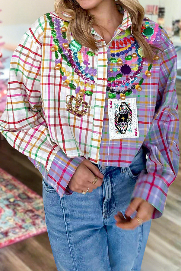 Mardi Gras Color-Blocked Plaid Beaded Shirt