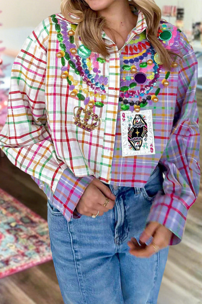 Mardi Gras Color-Blocked Plaid Beaded Shirt