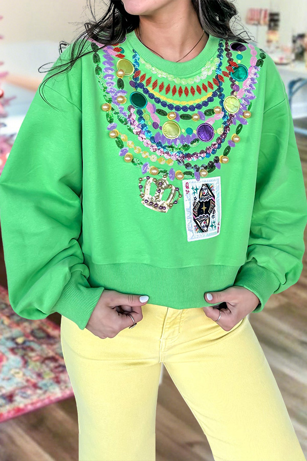Queen Card Beaded Mardi Gras Sweatshirt