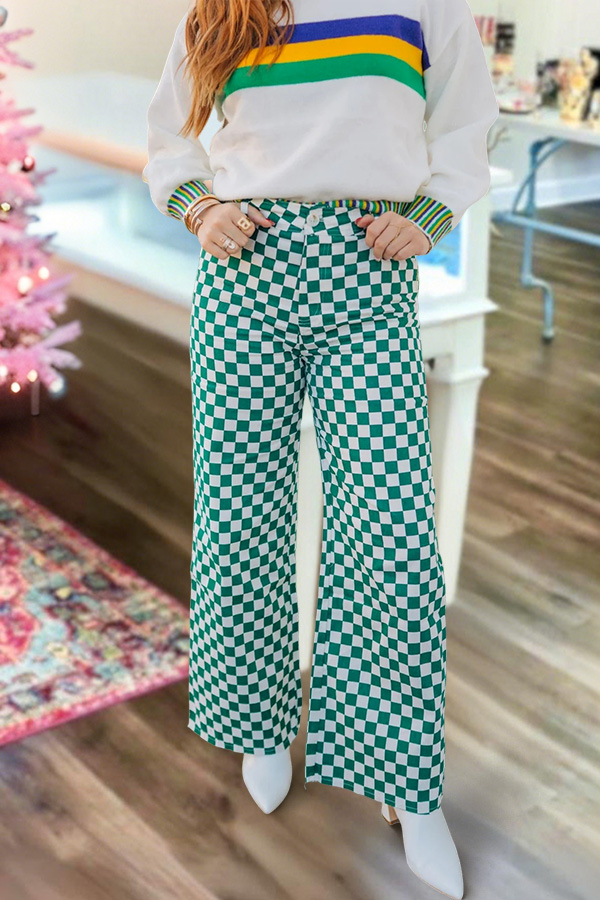 Mardi Gras Plaid Wide-Leg Pants