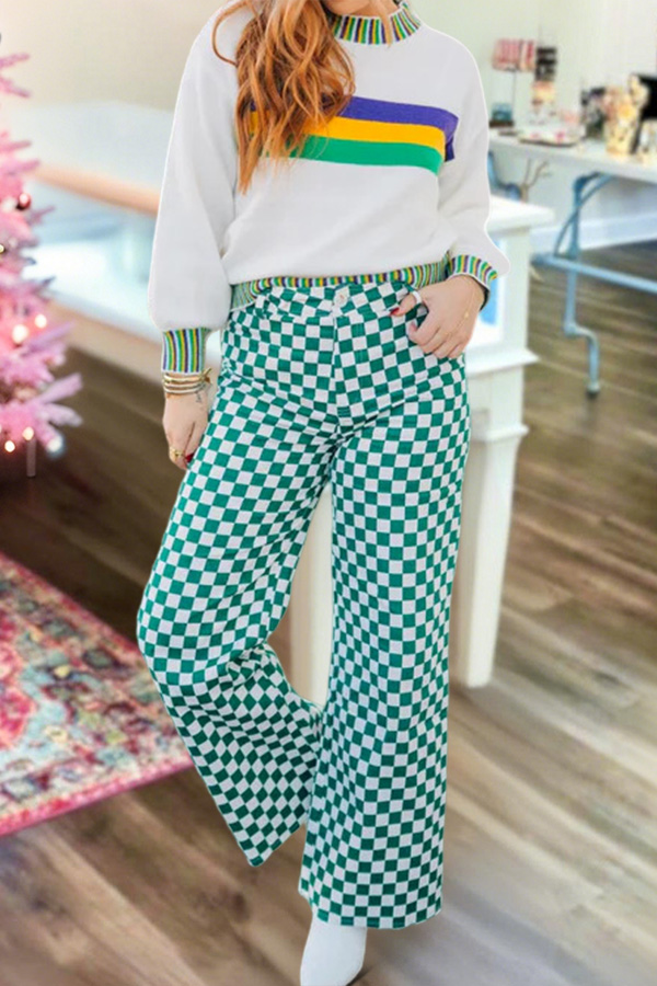 Mardi Gras Plaid Wide-Leg Pants