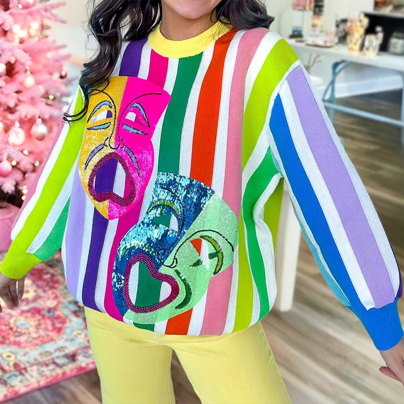 Mardi Gras Mask Striped Sweater