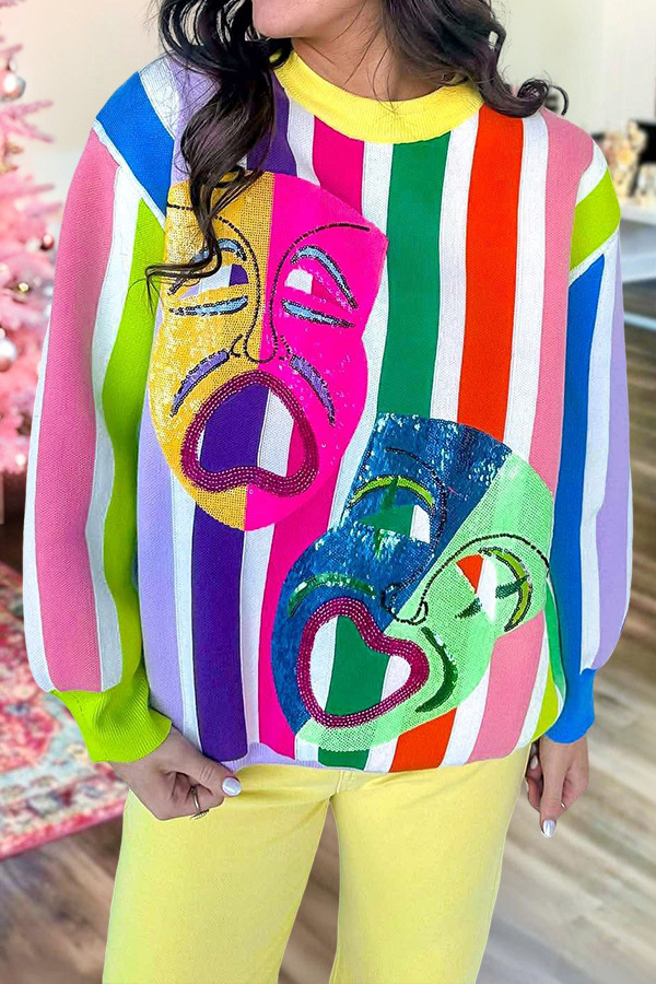 Mardi Gras Mask Striped Sweater