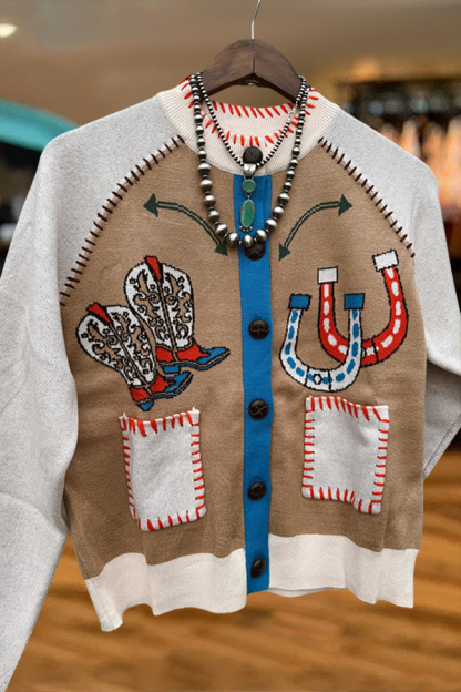 Western Cowgirl Boots And Horseshoe Cardigan