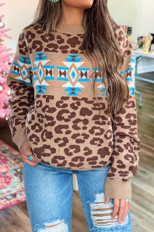 Western Aztec Leopard Print Sweater