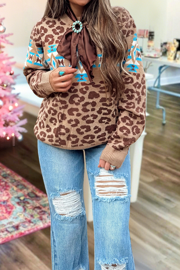 Western Aztec Leopard Print Sweater