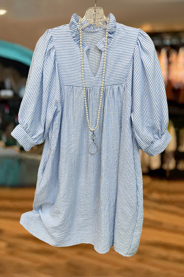 Striped V-Neck Puff-Sleeved Mini Dress