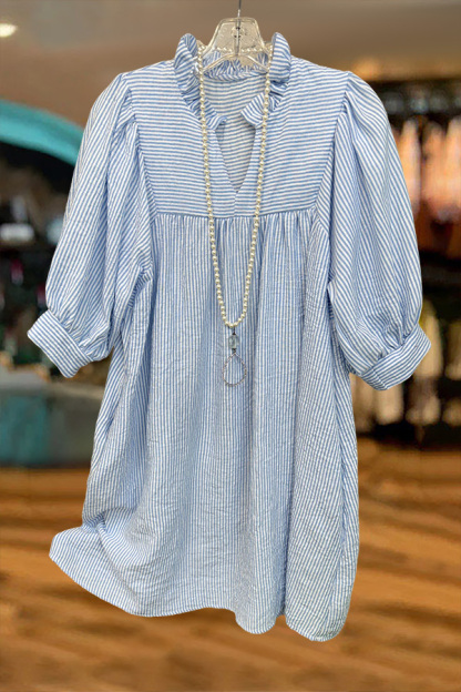 Striped V-Neck Puff-Sleeved Mini Dress