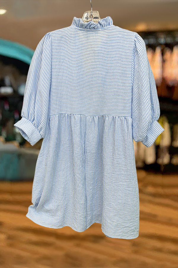 Striped V-Neck Puff-Sleeved Mini Dress