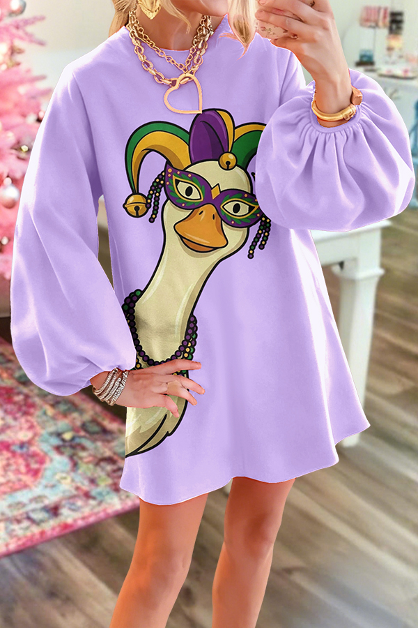 Mardi Gras Goose Print Puff Sleeves Dress