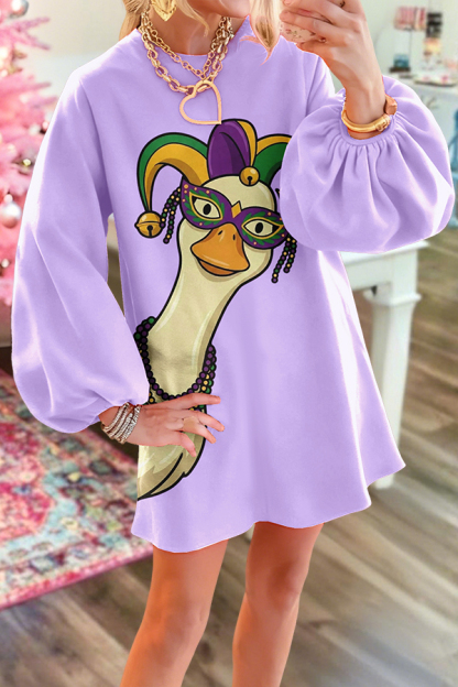 Mardi Gras Goose Print Puff Sleeves Dress