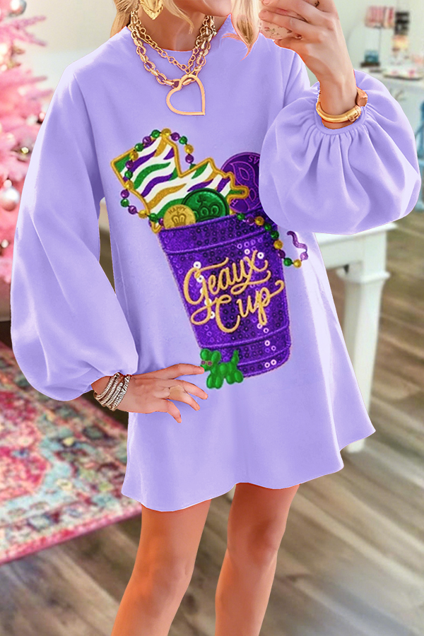 Mardi Gras Geaux Cup Puff-Sleeved Dress