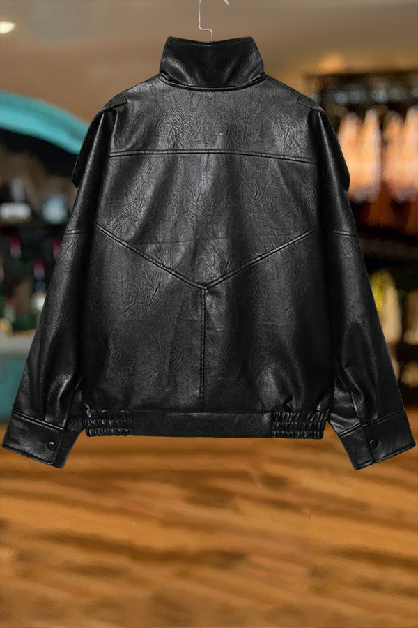 Faux Leather Stand Collar Oversized Moto Jacket