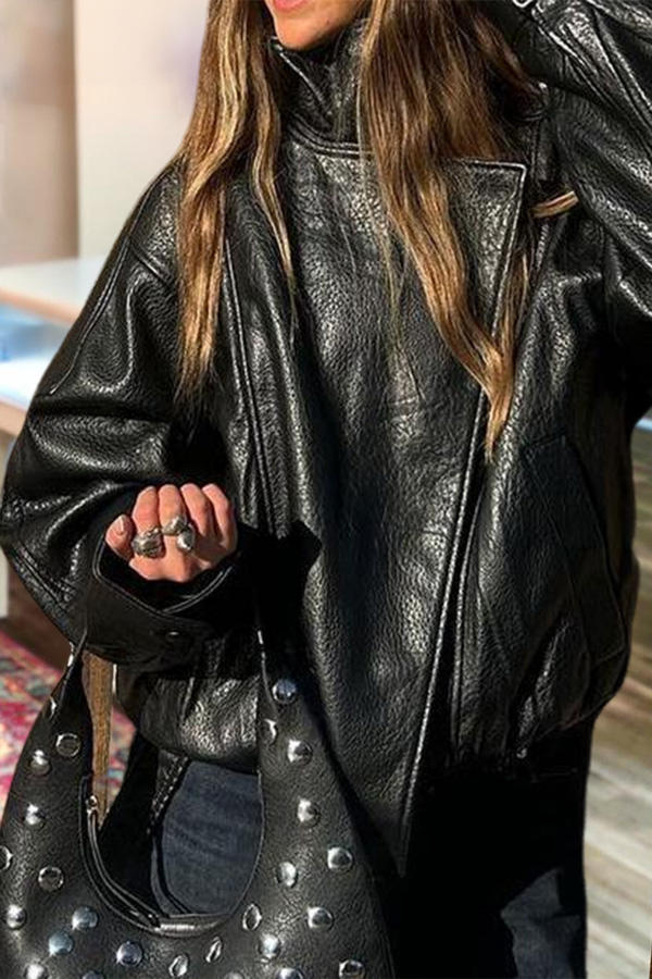 Faux Leather Stand Collar Oversized Moto Jacket
