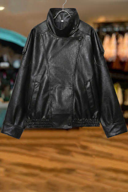 Faux Leather Stand Collar Oversized Moto Jacket