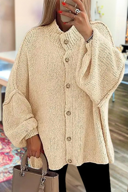Lantern Sleeve Solid Color Knitted Cardigan
