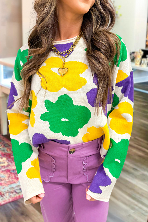 Mardi Gras Color Blocked Floral Sweater