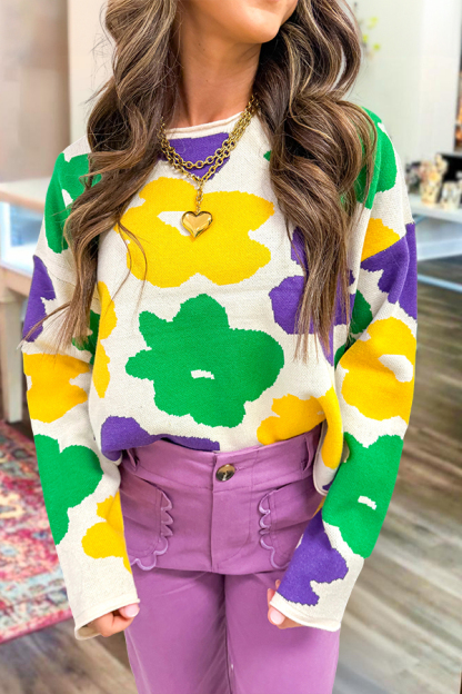 Mardi Gras Color Blocked Floral Sweater
