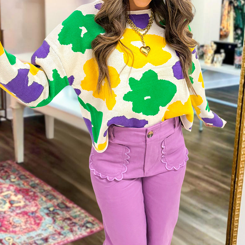 Mardi Gras Color Blocked Floral Sweater
