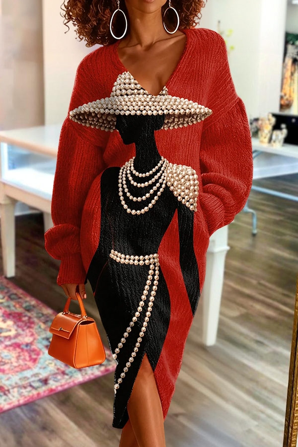 Stylish Art Print V-Neck Slit Sweater Dress