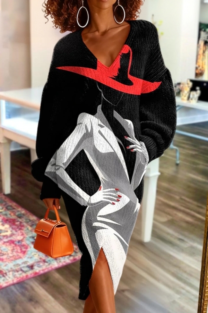 Stylish Art-Print V-Neck Slit Sweater Dress