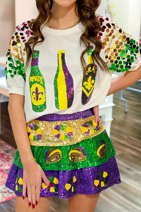 Mardi Gras Bottle Puff-Sleeved T-Shirt