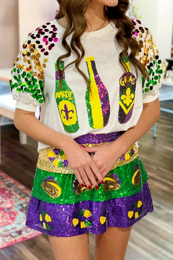 Mardi Gras Bottle Puff-Sleeved T-Shirt
