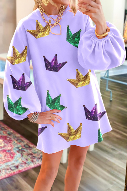 Mardi Gras Sparkling Crown Puff-Sleeved Dress
