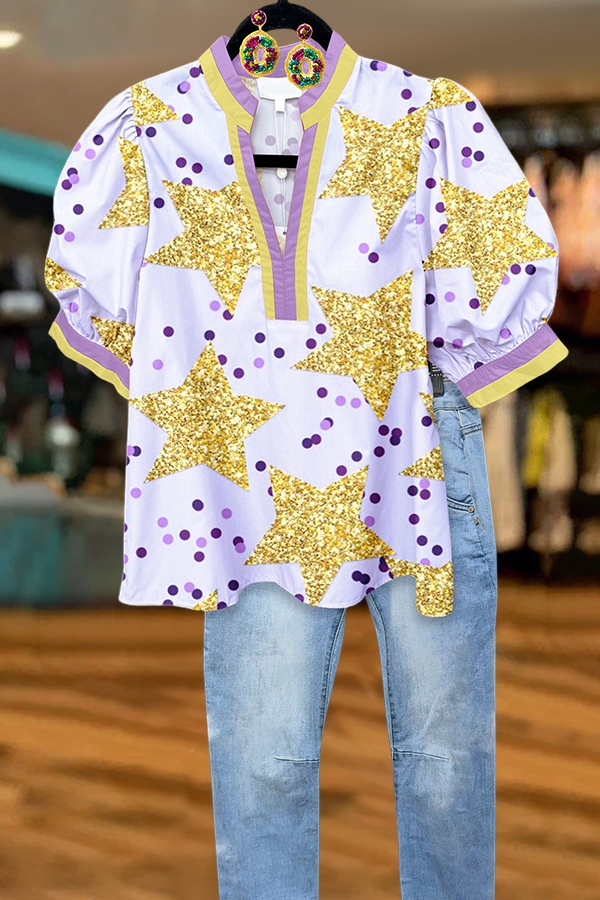 Mardi Gras Star Polka Dot Puff-Sleeved Blouse