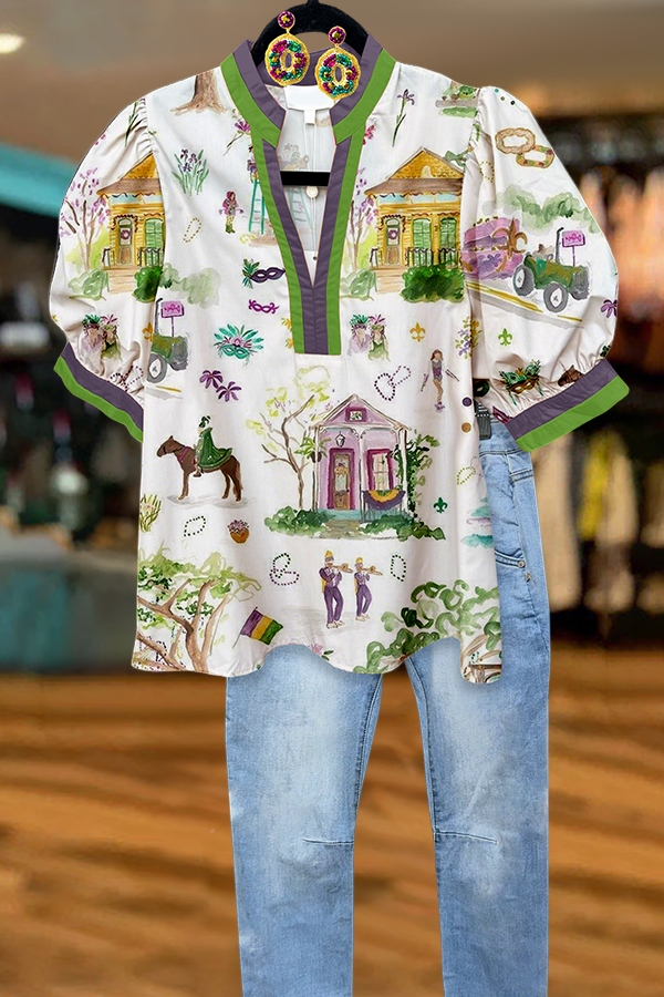 Mardi Gras Scene Puff-Sleeved Blouse